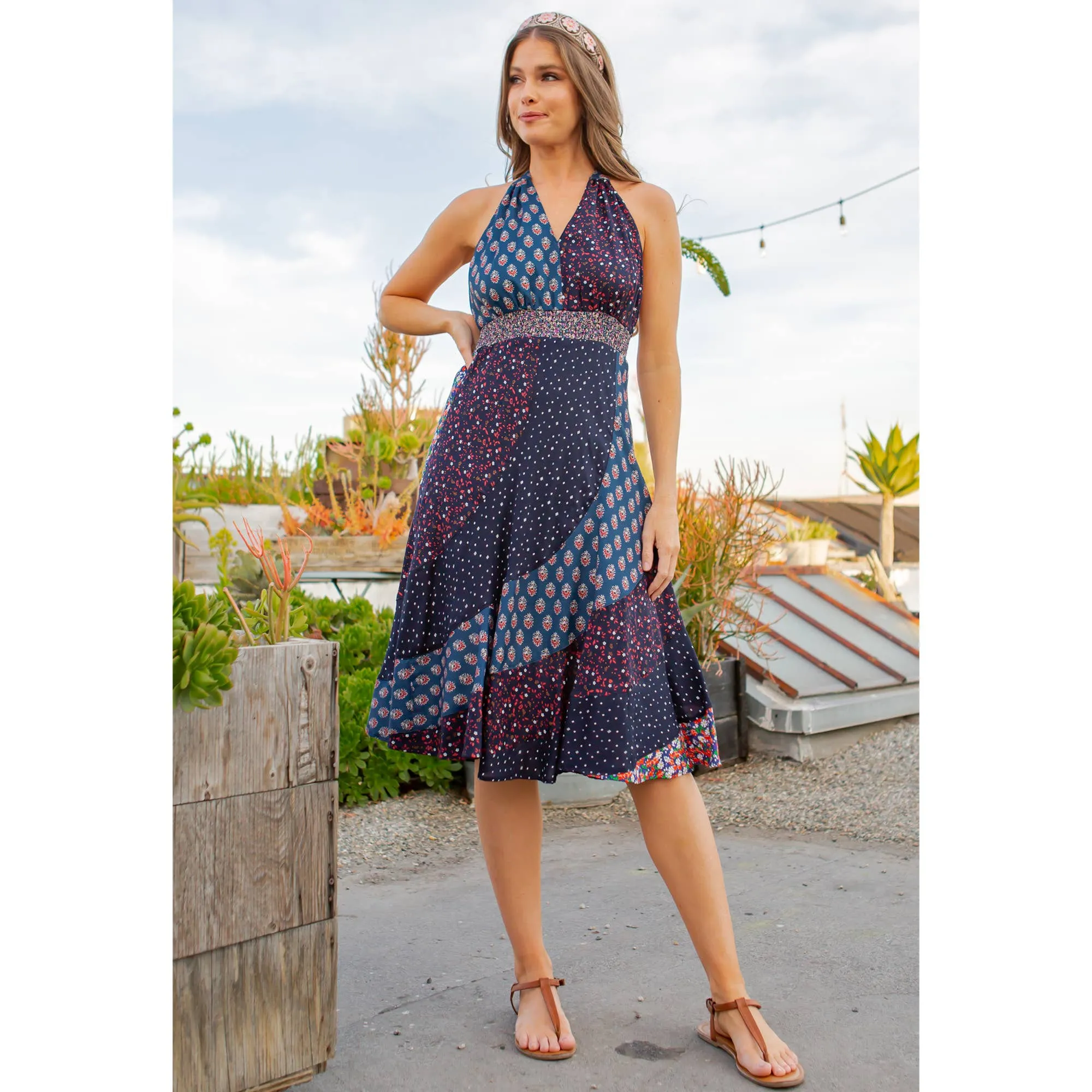 Halter Neck Babydoll Dress With Asymmetrical Bias Patchwork Navy Dark Multi