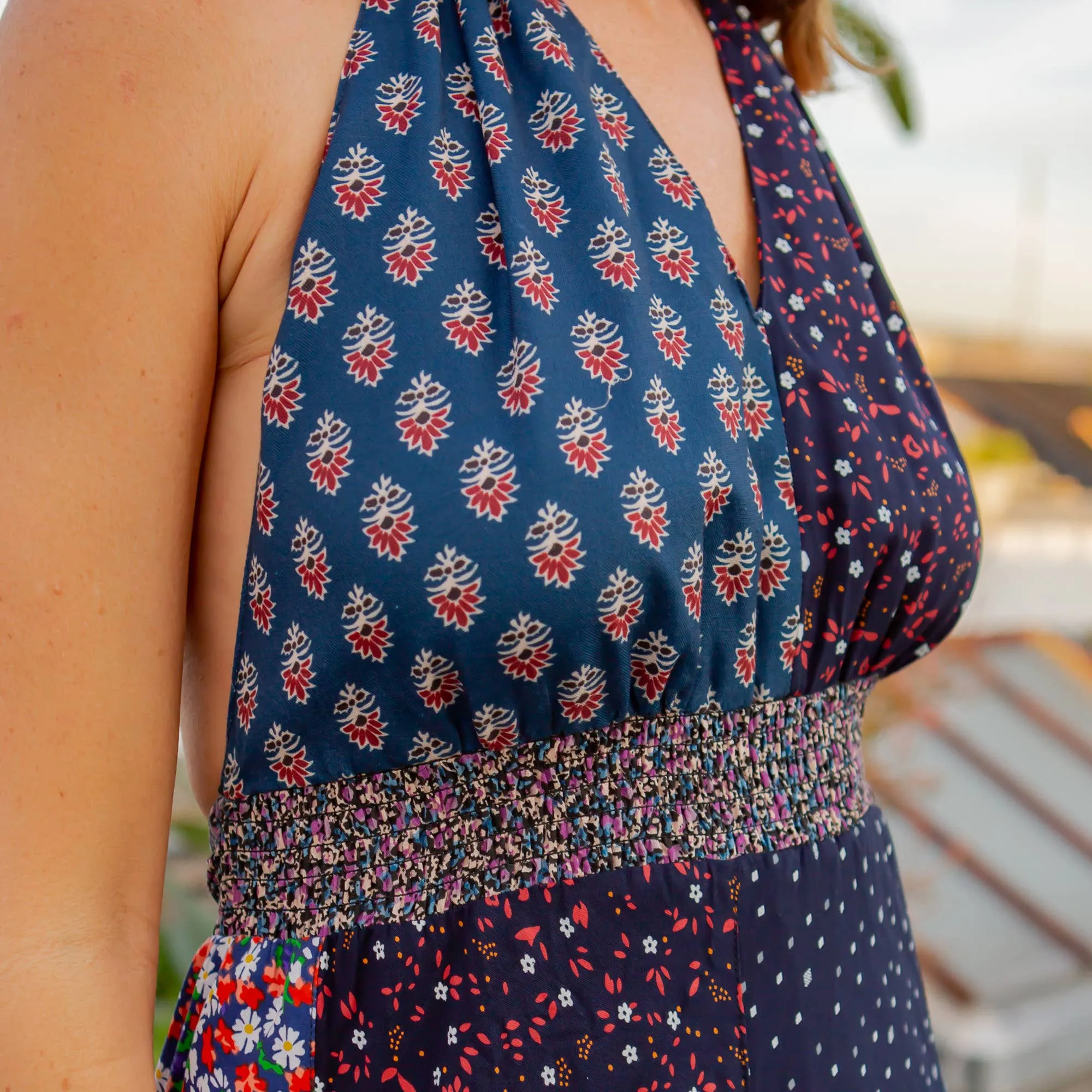 Halter Neck Babydoll Dress With Asymmetrical Bias Patchwork Navy Dark Multi