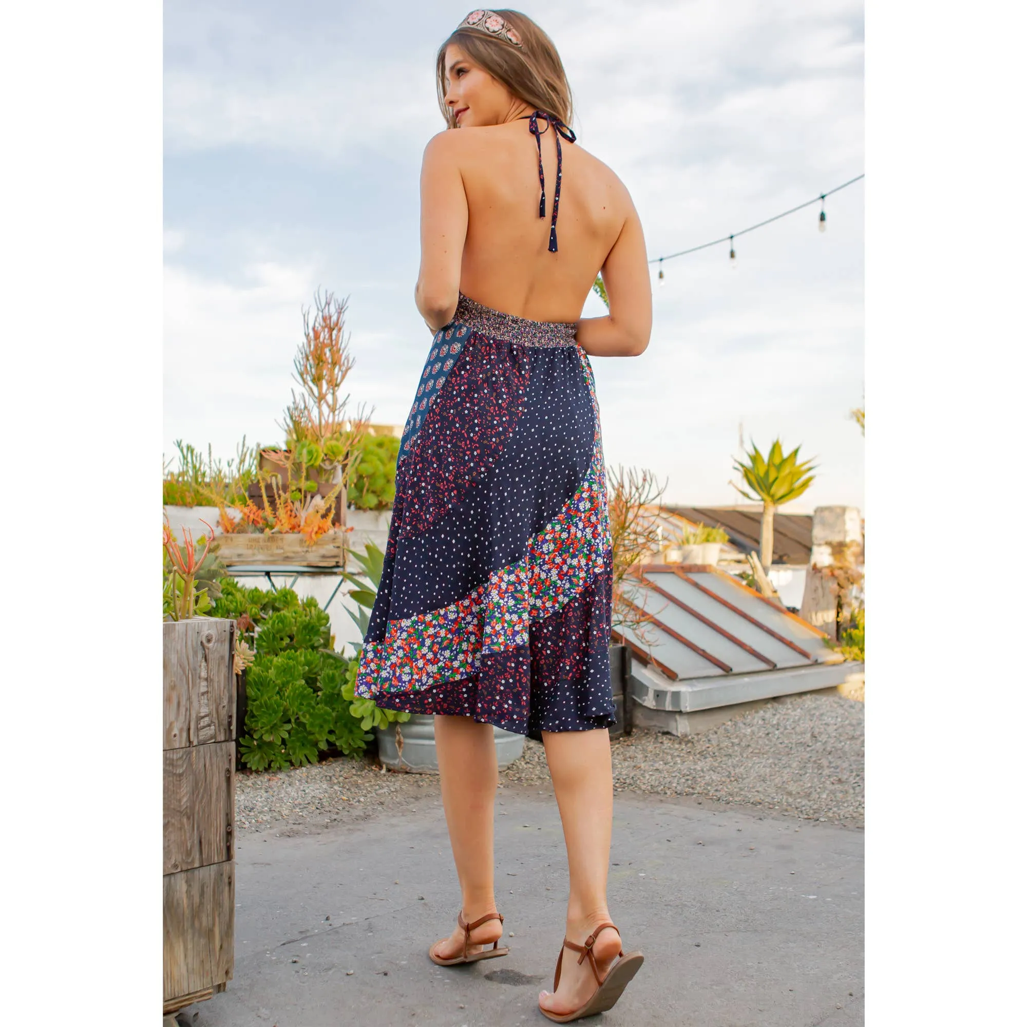 Halter Neck Babydoll Dress With Asymmetrical Bias Patchwork Navy Dark Multi