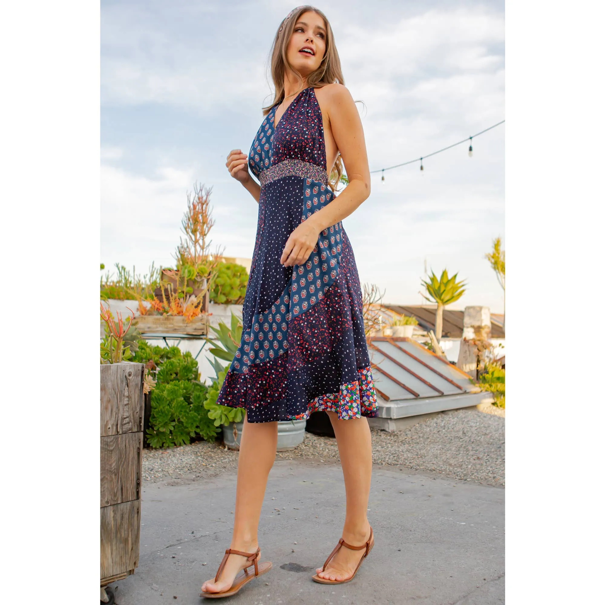 Halter Neck Babydoll Dress With Asymmetrical Bias Patchwork Navy Dark Multi