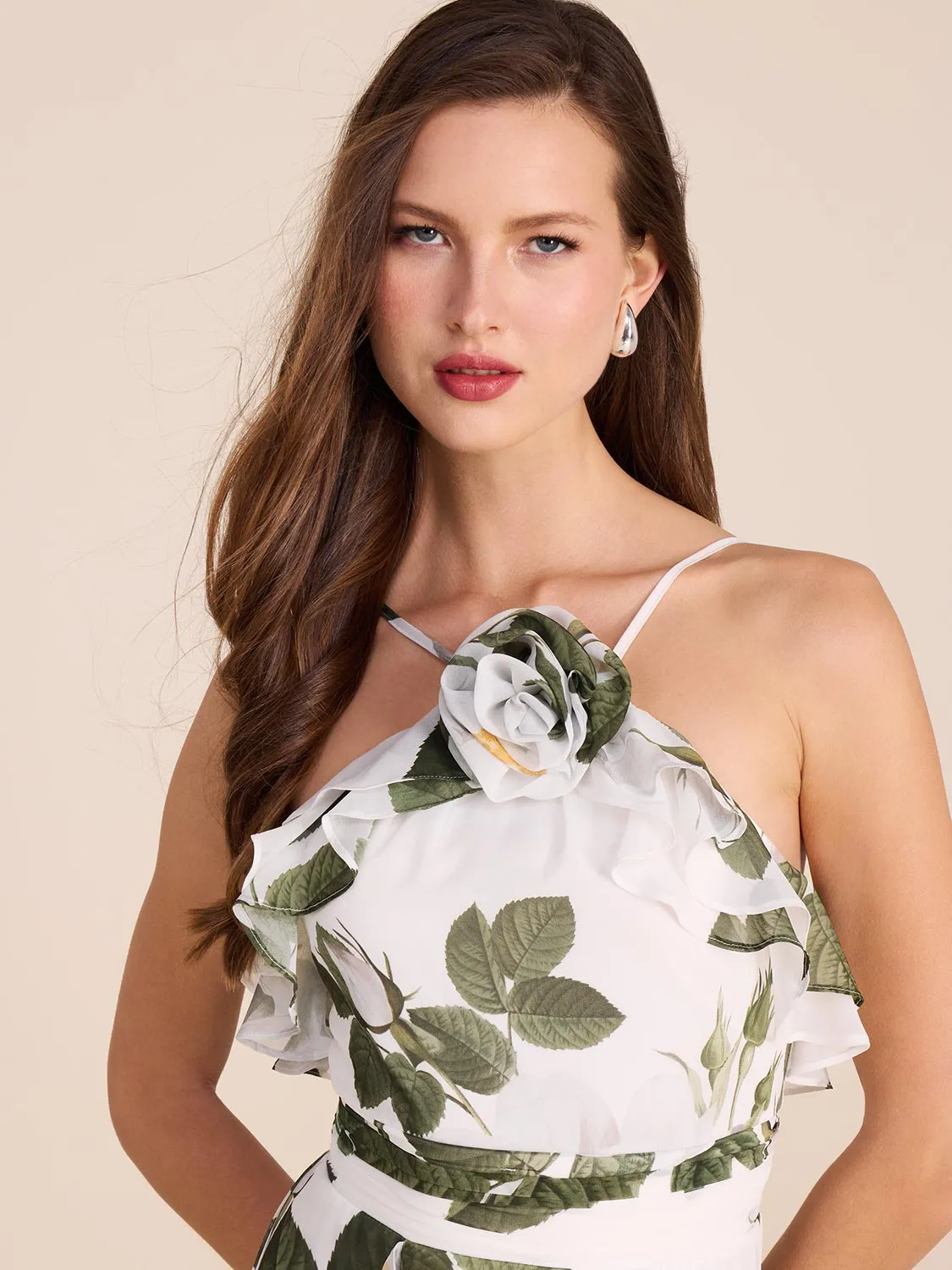 Halter Neck Floral Gown With Rosette