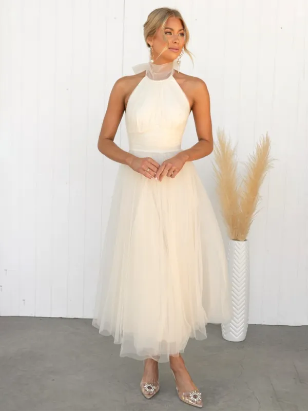 Halter Neck Midi Dress with Mesh Turtleneck