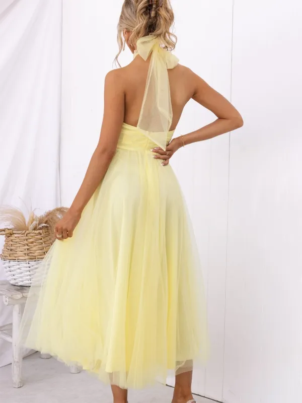Halter Neck Midi Dress with Mesh Turtleneck