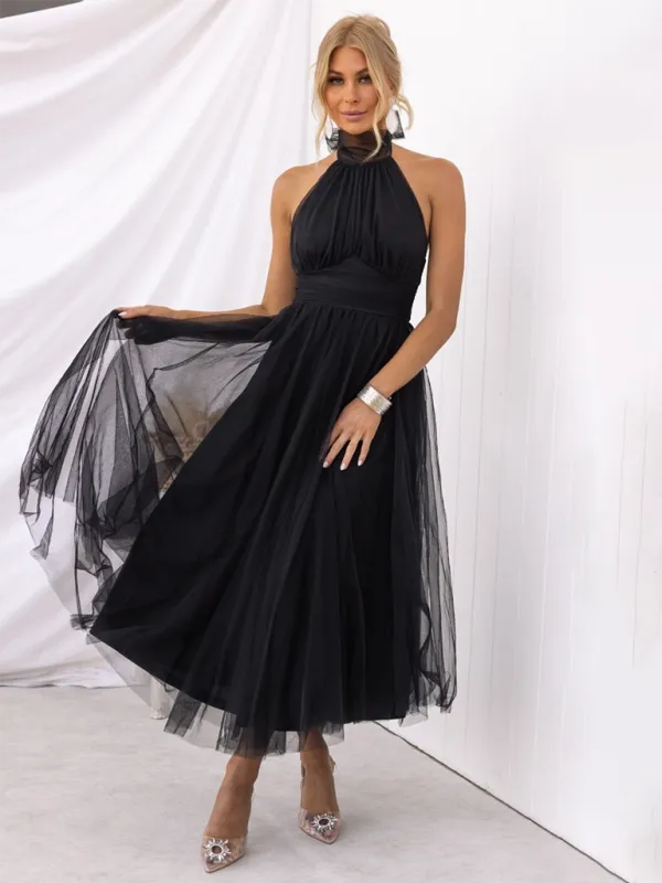 Halter Neck Midi Dress with Mesh Turtleneck