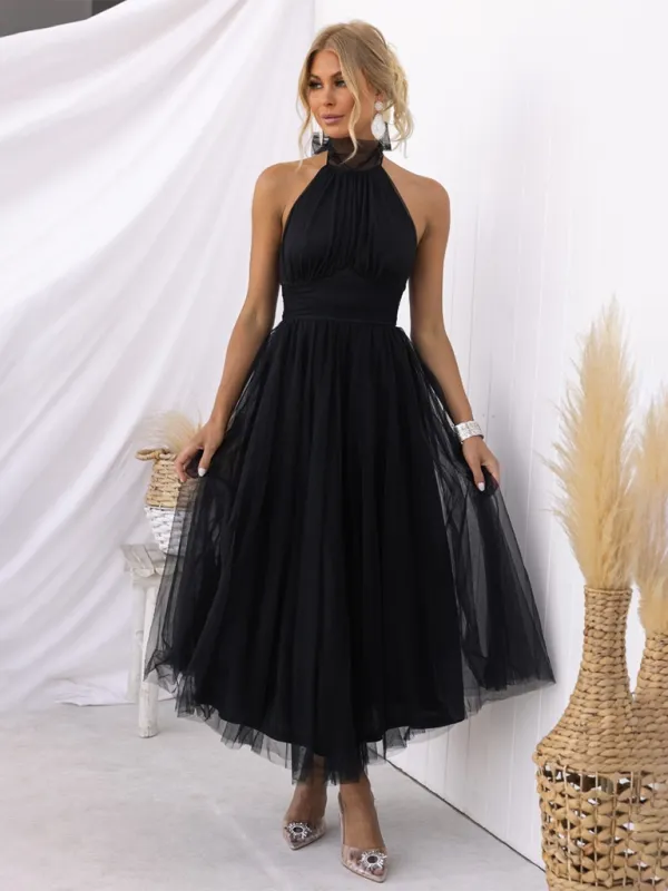 Halter Neck Midi Dress with Mesh Turtleneck