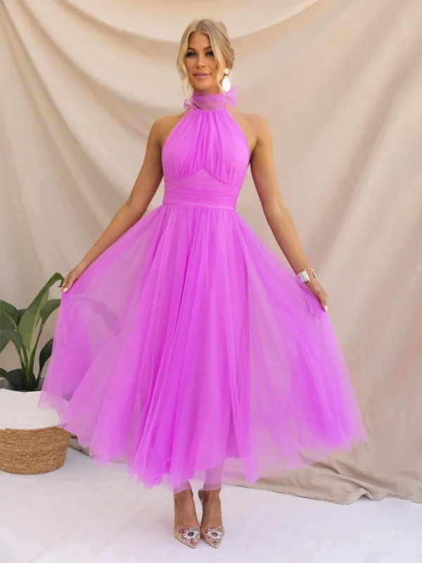 Halter Neck Midi Dress with Mesh Turtleneck