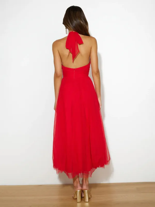 Halter Neck Midi Dress with Mesh Turtleneck