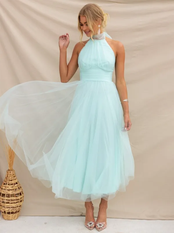 Halter Neck Midi Dress with Mesh Turtleneck