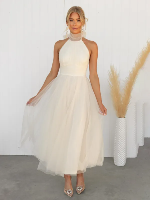 Halter Neck Midi Dress with Mesh Turtleneck