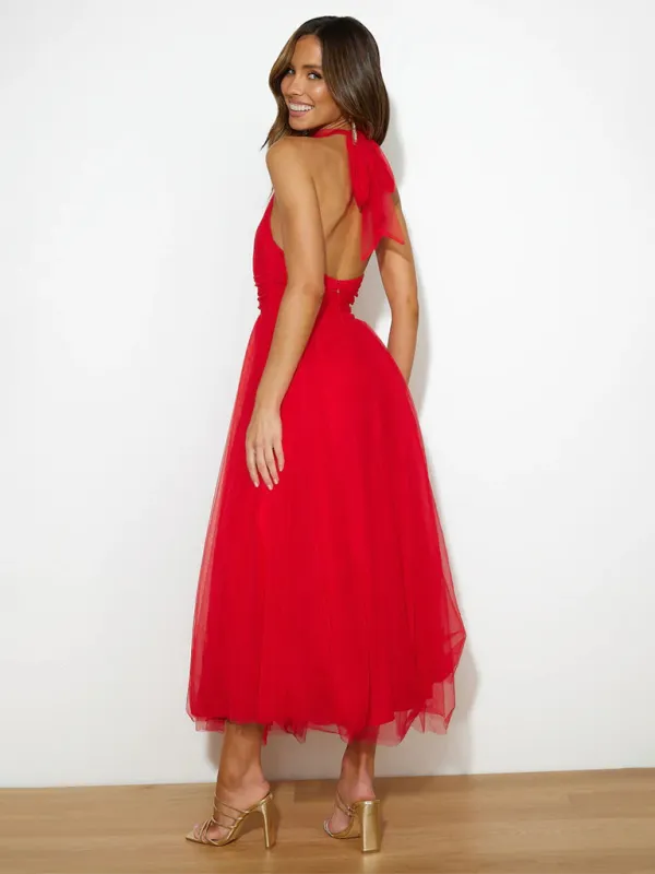 Halter Neck Midi Dress with Mesh Turtleneck