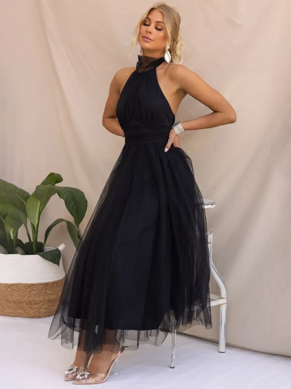 Halter Neck Midi Dress with Mesh Turtleneck