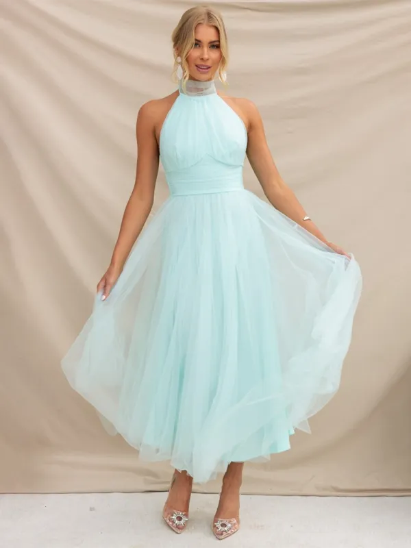 Halter Neck Midi Dress with Mesh Turtleneck