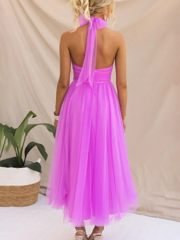 Halter Neck Midi Dress with Mesh Turtleneck