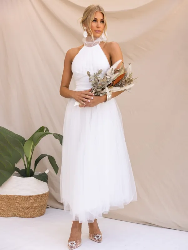 Halter Neck Midi Dress with Mesh Turtleneck