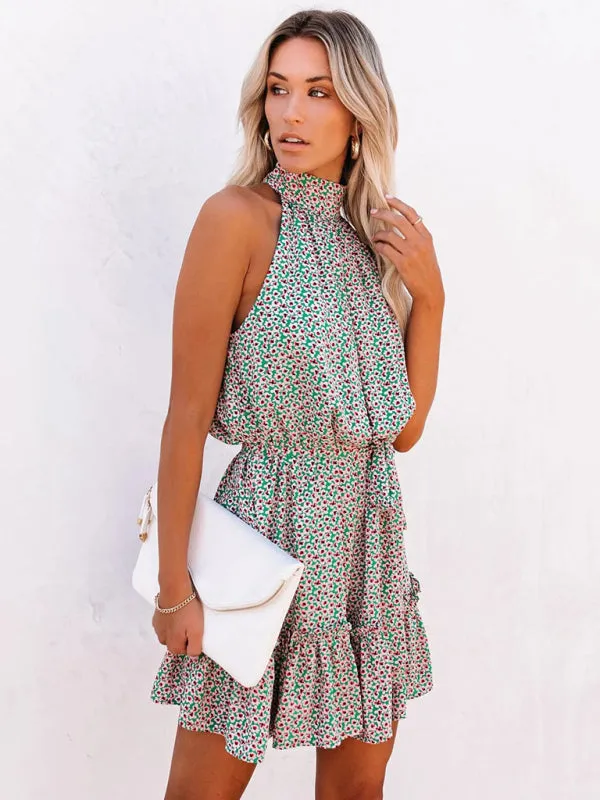 Halter Neck Mini Dress with Small Floral Print and Ruffle Tiers