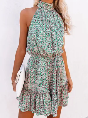 Halter Neck Mini Dress with Small Floral Print and Ruffle Tiers