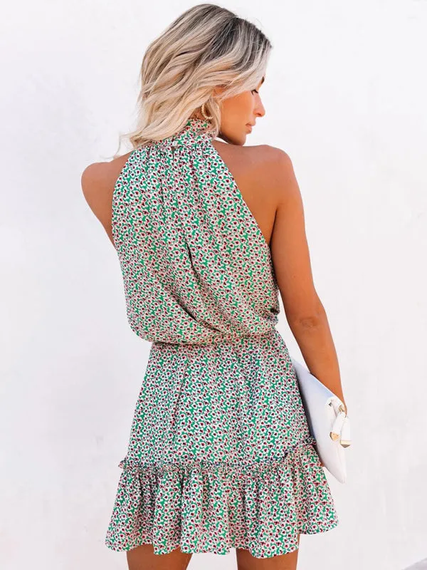 Halter Neck Mini Dress with Small Floral Print and Ruffle Tiers