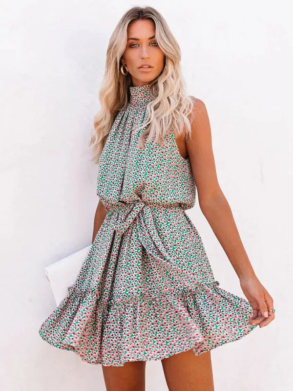 Halter Neck Mini Dress with Small Floral Print and Ruffle Tiers