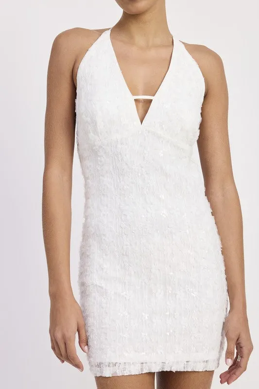 HALTER NECK MINI LACE DRESS WTIH BACK TIE