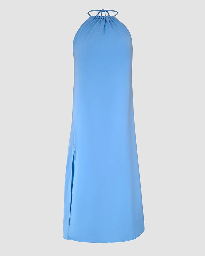 Halter Sleeveless Backless Maxi Dress Casual Shirred Slit Vacation Dress