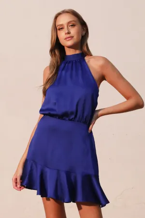 Hammered Satin Flare Halter Dress D-8585