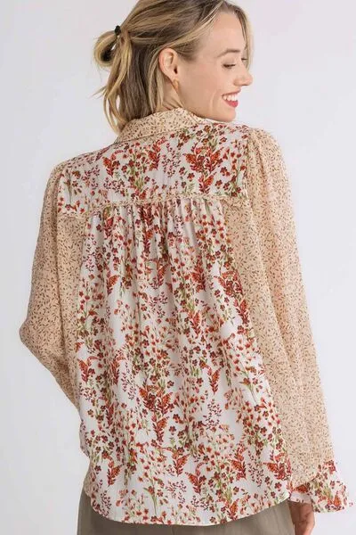 Hazel Blues® | Umgee Mixed Print Metallic Detail Long Ruffle Sleeve Button Down Shirt