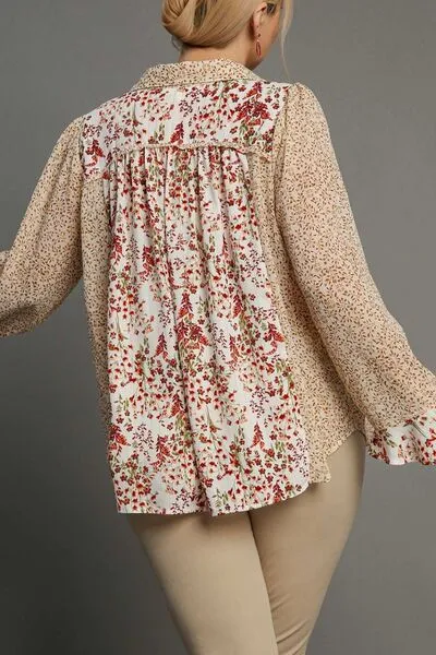 Hazel Blues® | Umgee Mixed Print Metallic Detail Long Ruffle Sleeve Button Down Shirt