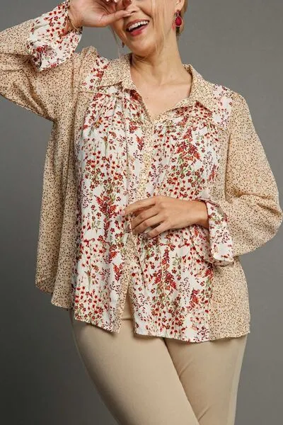 Hazel Blues® | Umgee Mixed Print Metallic Detail Long Ruffle Sleeve Button Down Shirt