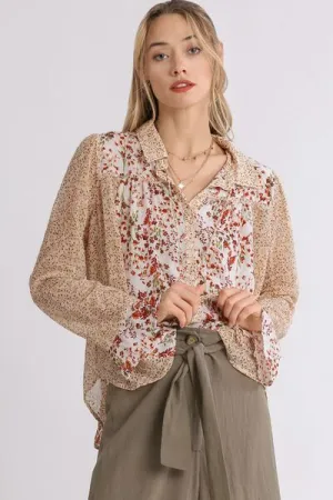 Hazel Blues® | Umgee Mixed Print Metallic Detail Long Ruffle Sleeve Button Down Shirt