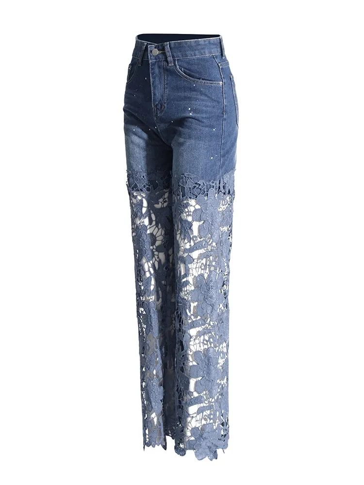Hollow Out Lace Patchwork Wide Leg Pants Jeans