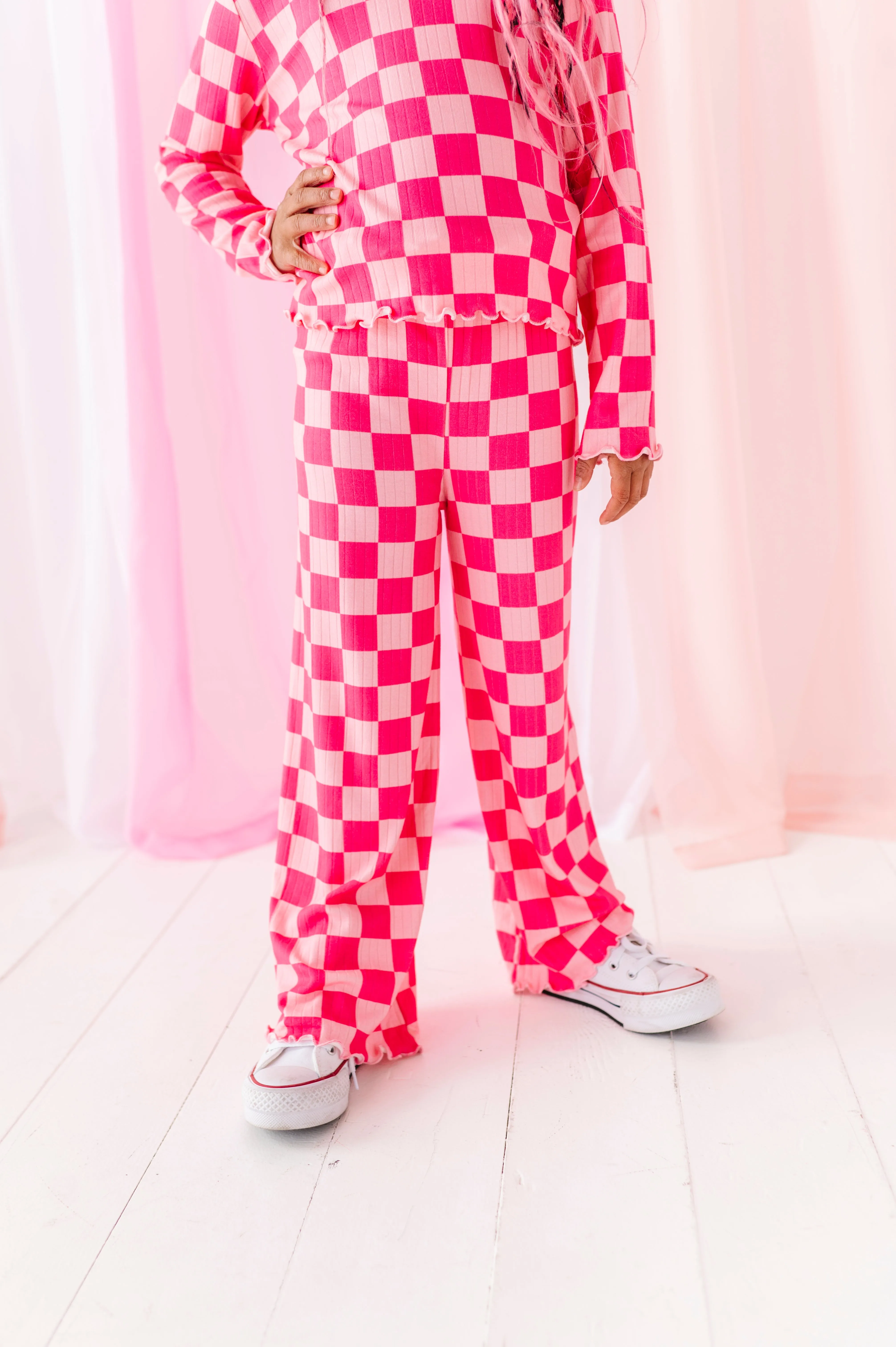 Hot Pink Check | Wide Leg Ribbed SET (12mo   12 yrs ONLY left)
