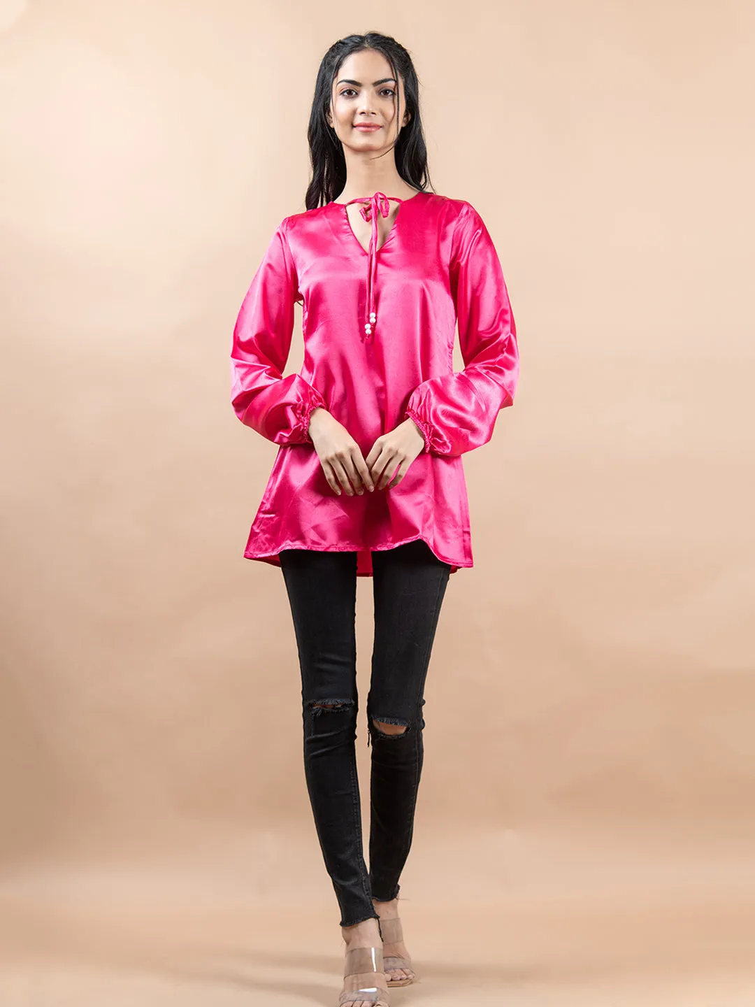 Hot Pink Satin Full Sleeves Top For Women