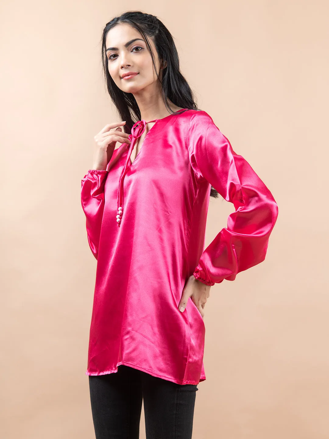 Hot Pink Satin Full Sleeves Top For Women
