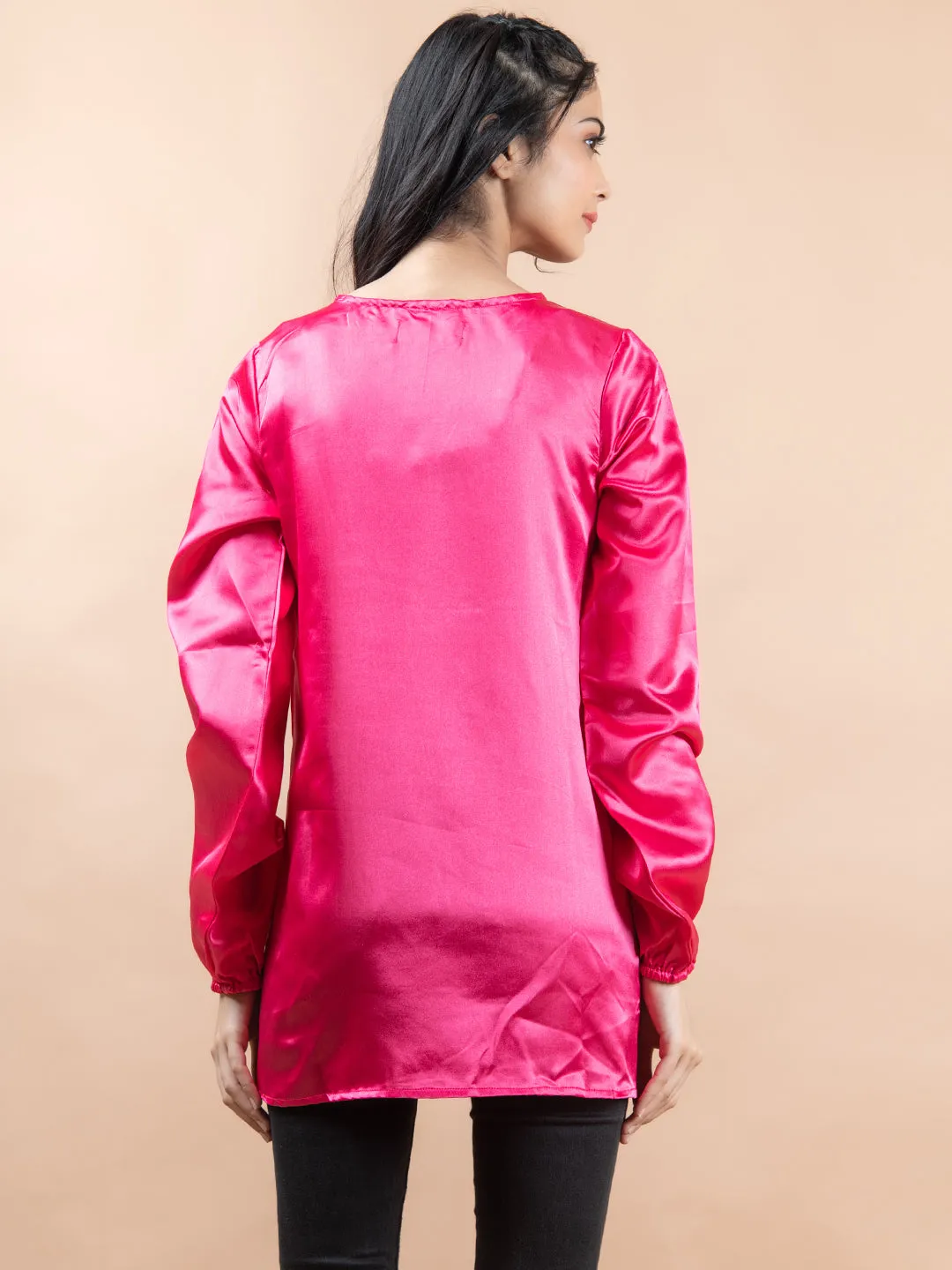 Hot Pink Satin Full Sleeves Top For Women