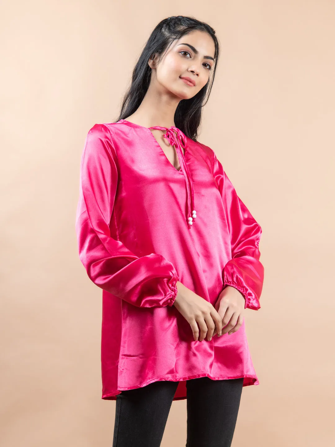 Hot Pink Satin Full Sleeves Top For Women
