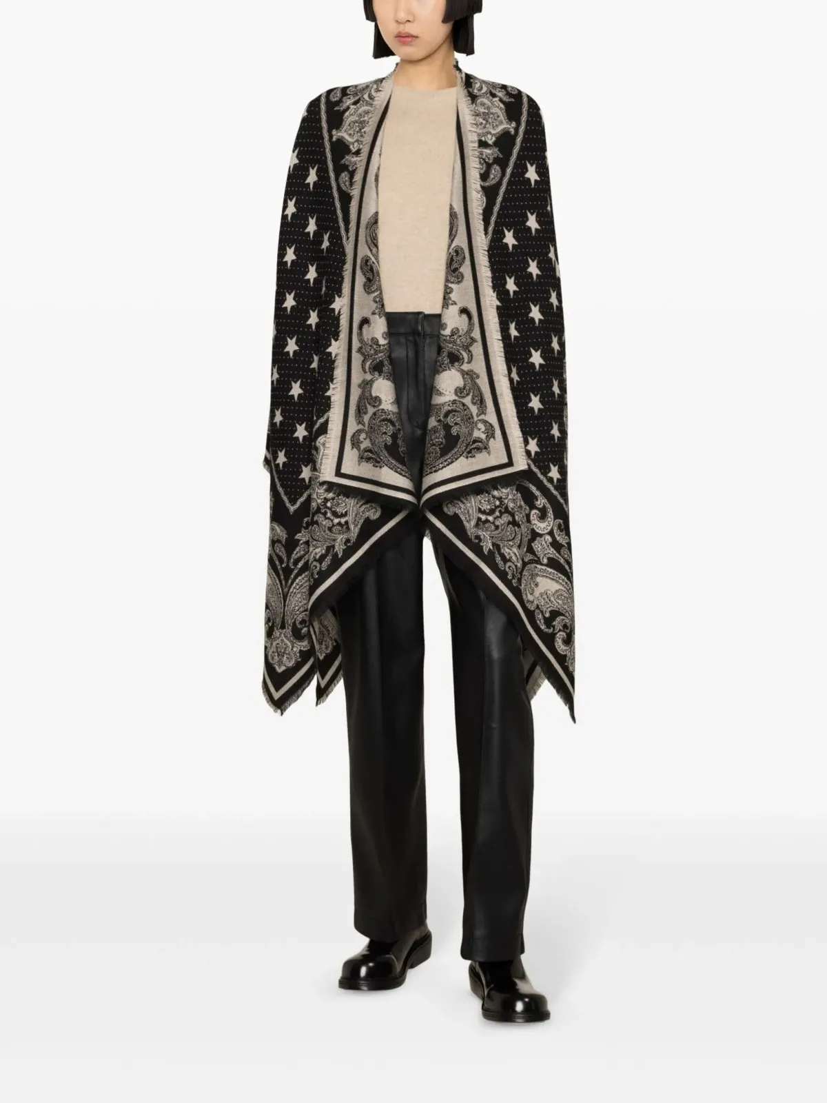 Intarsia-Knit Frayed Cape