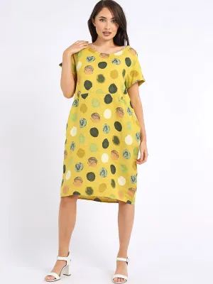 Italian Classic Shift Polka Dot Mustard Linen Dress Sz 10-16
