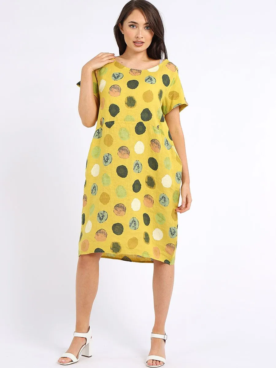 Italian Classic Shift Polka Dot Mustard Linen Dress Sz 10-16