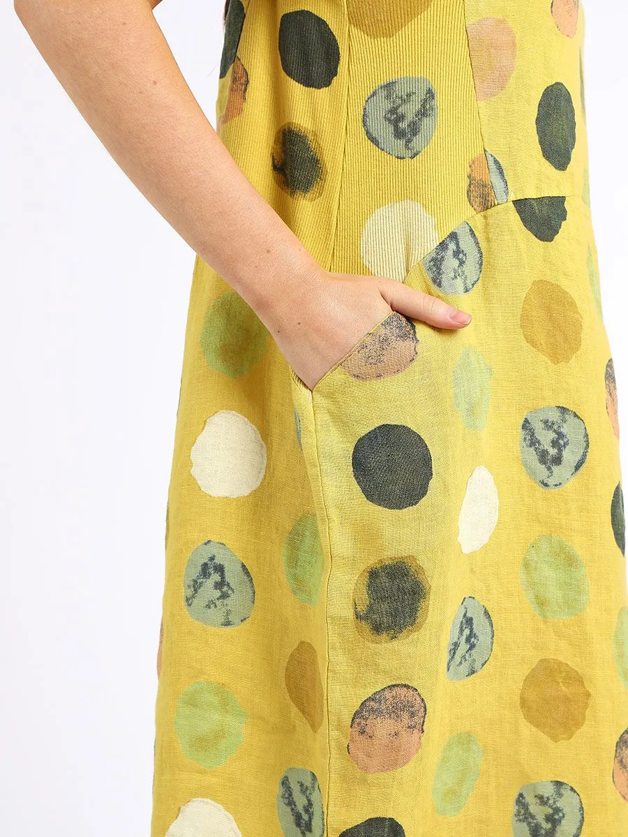 Italian Classic Shift Polka Dot Mustard Linen Dress Sz 10-16