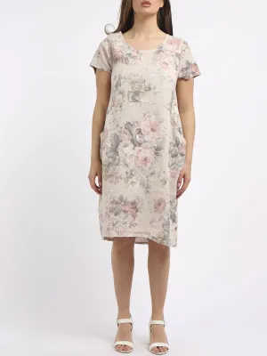 Italian Classic Shift Soft Floral Beige Linen Dress Sz 10-16