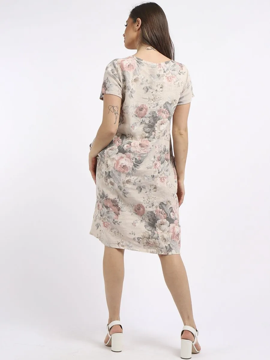 Italian Classic Shift Soft Floral Beige Linen Dress Sz 10-16