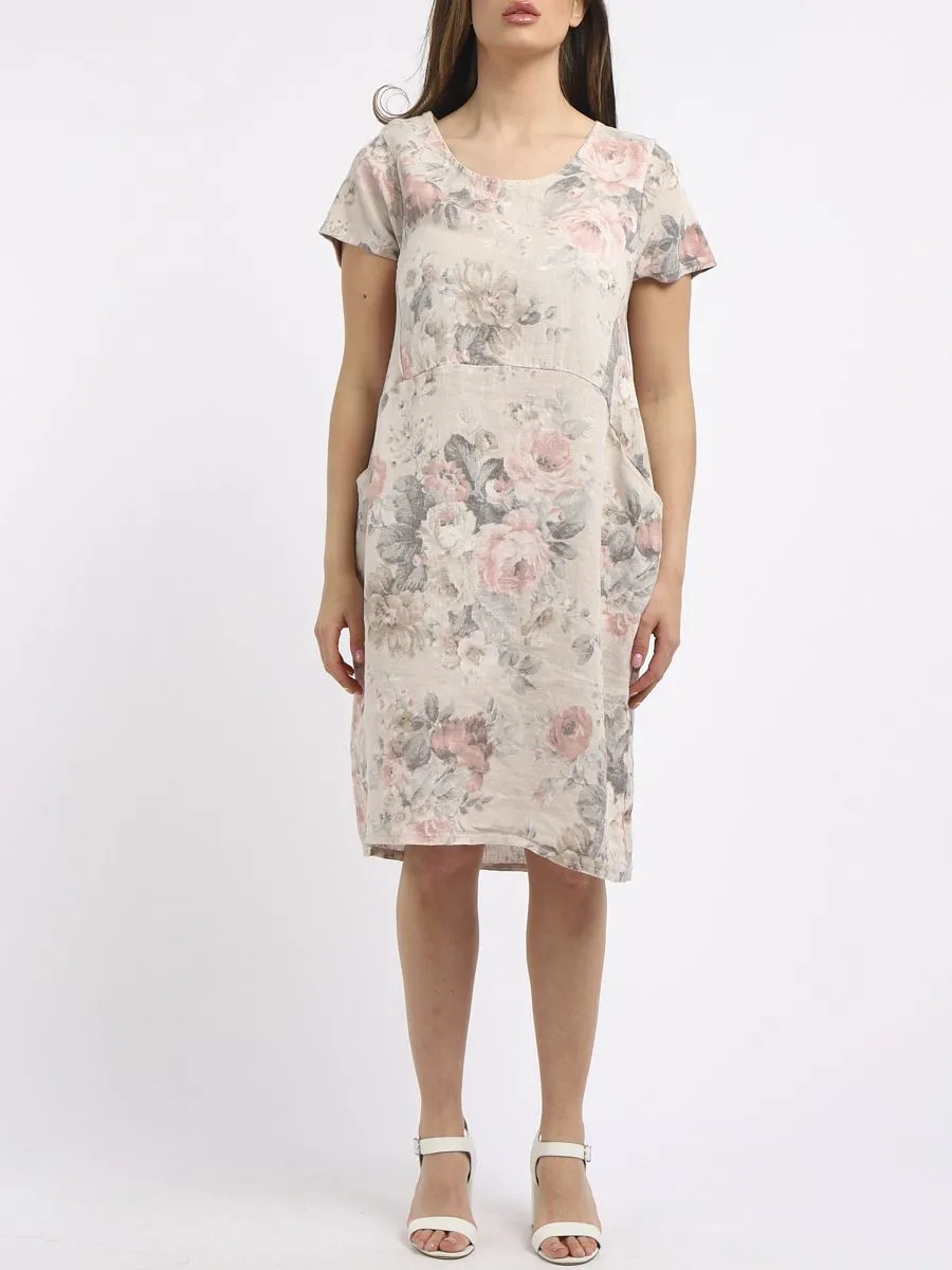 Italian Classic Shift Soft Floral Beige Linen Dress Sz 10-16