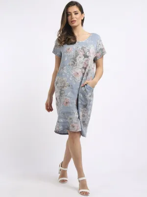 Italian Classic Shift Soft Floral Denim Linen Dress Sz 10-16