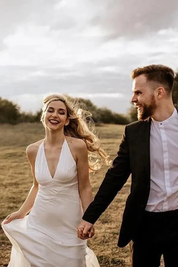 Ivory A-line Halter Sleeveless Beach Wedding Dresses, Simple Bridal Gown, MW852