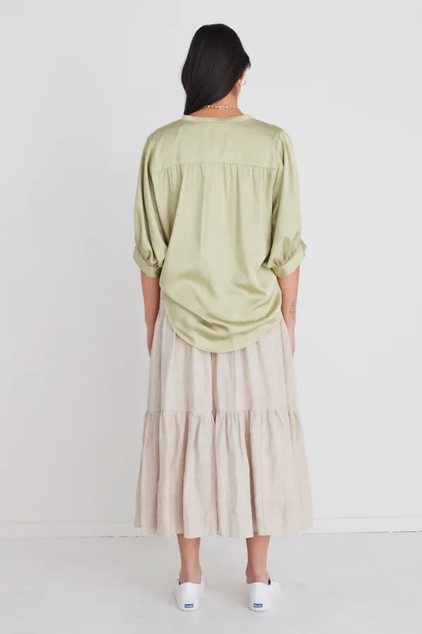 Ivy   Jack Deity Sage Satin Button Through Puff Sleeve Blouse - Sage