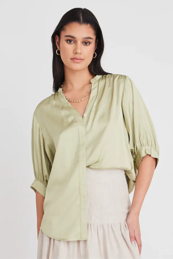 Ivy   Jack Deity Sage Satin Button Through Puff Sleeve Blouse - Sage
