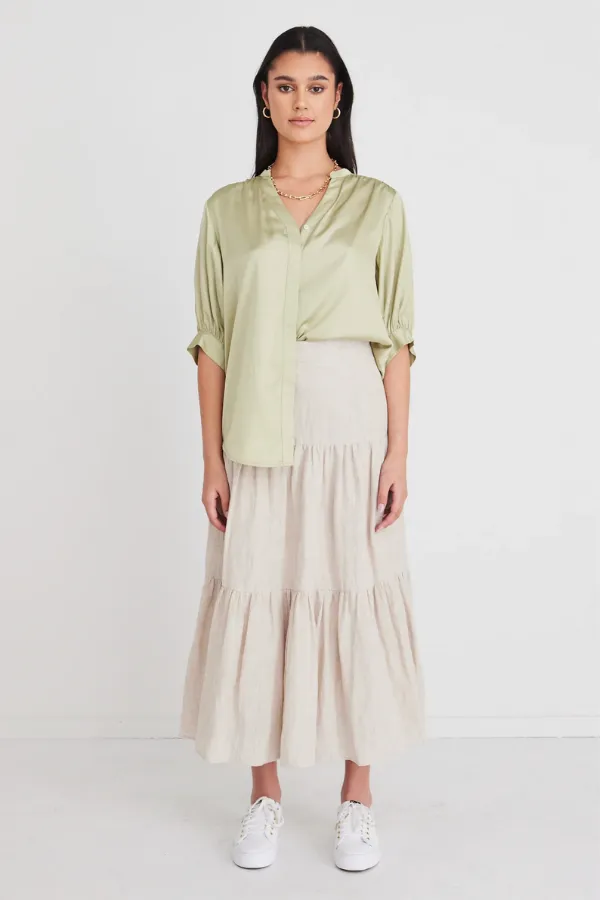 Ivy   Jack Deity Sage Satin Button Through Puff Sleeve Blouse - Sage