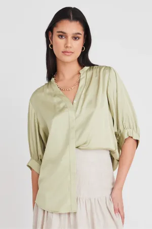 Ivy   Jack Deity Sage Satin Button Through Puff Sleeve Blouse - Sage