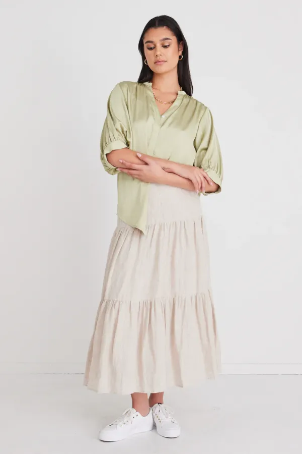 Ivy   Jack Deity Sage Satin Button Through Puff Sleeve Blouse - Sage