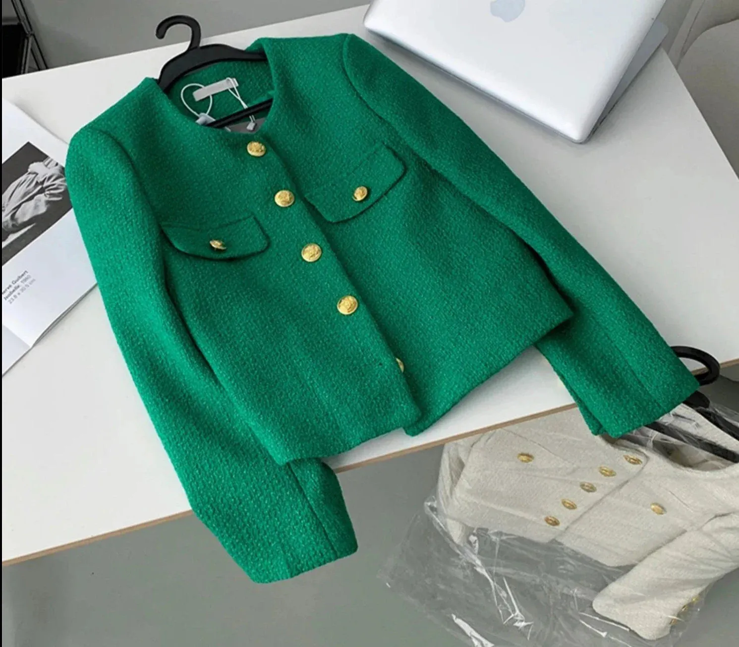 Jacket White Women's Tweed Jacket Green Tweed Jacket Black Short Coat Metal Single Breasted Cropped Top